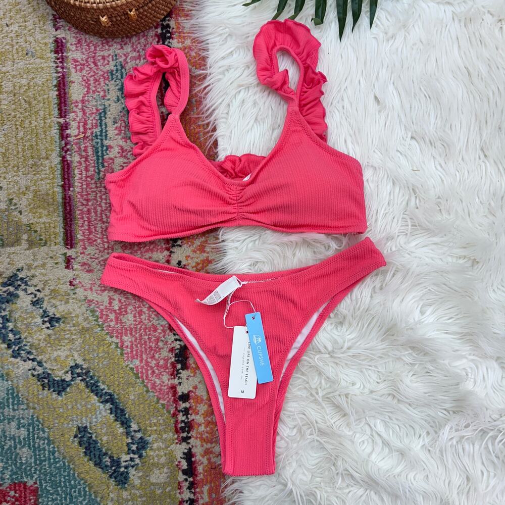 NEW Cupshe Pink Two Piece Matching Bikini Swimsuit Medium Ruffle Padded